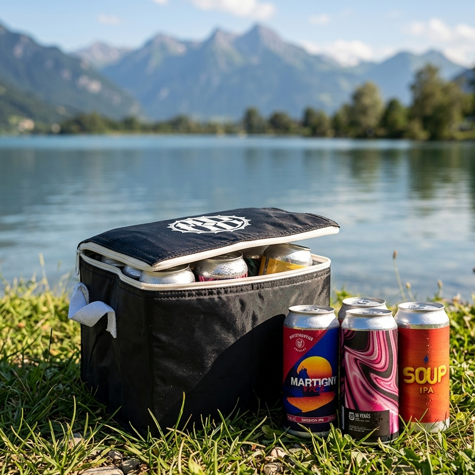 Glacière souple noire La Mise en Bière posée sur l'herbe au bord du lac Léman, six canettes de bière 44cl à côté