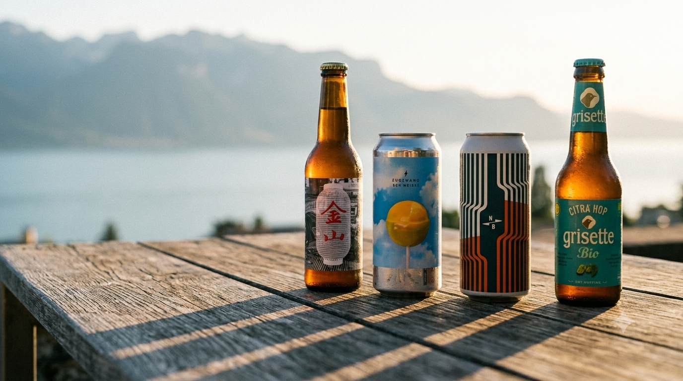 Quatre bières sans gluten, canettes et bouteilles, posées sur une table de terrasse à Lausanne au soleil