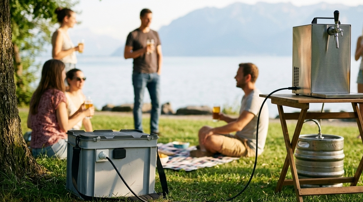 Spillatore per birra sull'erba in riva al Lemano, collegato a una grande batteria nera, senza prese di corrente attorno